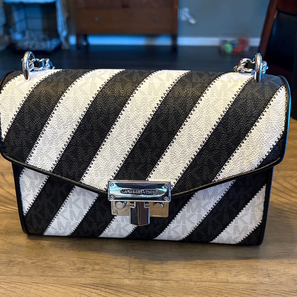 Michael Kors Black and White Striped Crossbody Bag